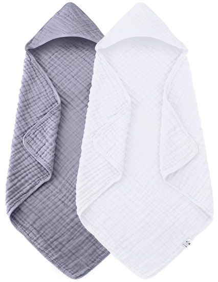 Picture of Spotted Play 2 Pack Hooded Baby Towels - 100% Muslin Cotton for Newborns, Infants, Toddlers - Large 32x32Inch Size - Highly Absorbent and Essential for Newborn Care, White and Grey
