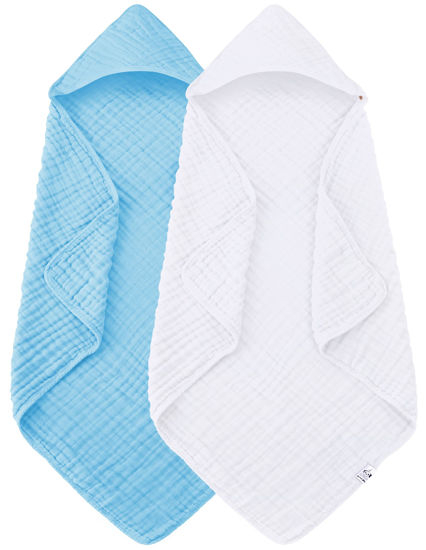 Picture of Spotted Play 2 Pack Hooded Baby Towels - 100% Muslin Cotton for Newborns, Infants, Toddlers, and Kids - Large 32x32Inch Size - Highly Absorbent and Essential for Newborn Care, White and Aqua