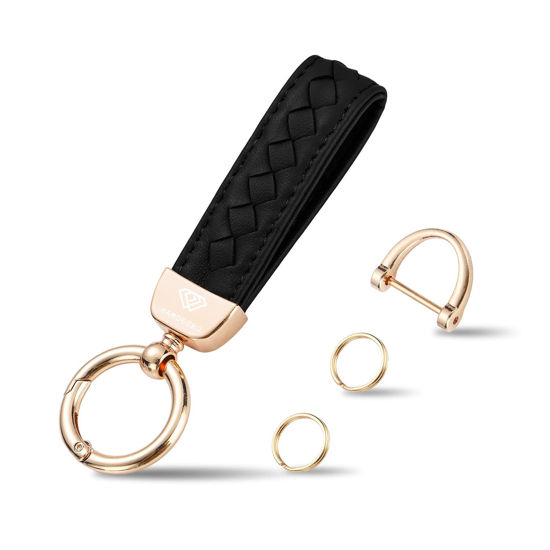 Picture of Genuine Leather Car Keychain, Handmade Knit Sheepskin Key chains for Women, Universal Key Fob Holder with 360 Degree Rotatable, Anti-Lost D-Ring, 2 Keyrings and 1 Screwdriver - Black