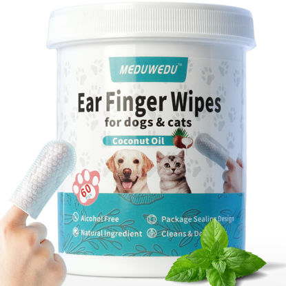Picture of MEDUWEDU Ear Cleaner Finger Wipes 60 Counts, Dog Ear Cleaner, Grooming Kit Care for Dogs and Cats, Soft & Easy Otic Cleaning Pads, Remove Wax, Dirt & Stop Smelly, Itchy, Non-Irritating, Mint Scent