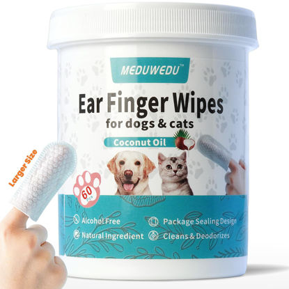 Picture of MEDUWEDU Wider Ear Cleaner Finger Wipes 60 Counts, Dog Ear Cleaner, Grooming Kit Care for Dogs and Cats,Otic Cleaning Pads, Remove Wax, Dirt & Stop Smelly, Itchy, Non-Irritating, Coconut Scent