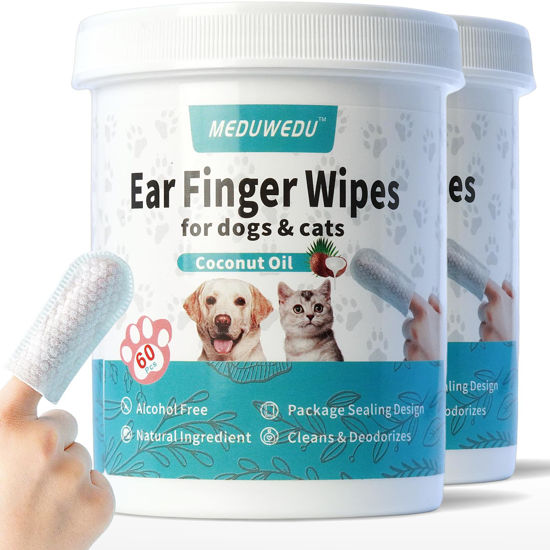 Picture of MEDUWEDU Ear Cleaner Finger Wipes 120 Counts, Dog Ear Cleaner, Grooming Kit Care for Dogs and Cats, Soft & Easy Otic Cleaning Pads, Remove Wax, Dirt & Stop Smelly, Itchy, Non-Irritating, Coconut Scent