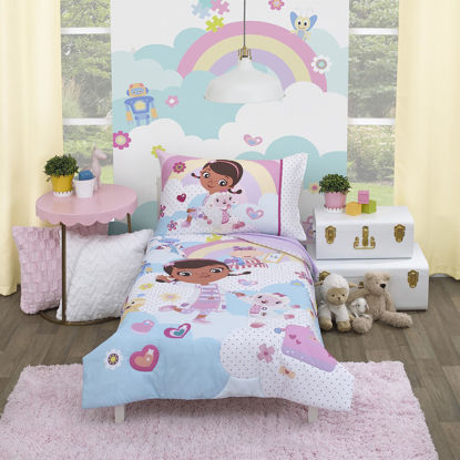 Picture of Disney Doc McStuffins - Cuddle Team Purple, White, & Blue 4Piece Toddler Bed Set - Comforter, Fitted Bottom Sheet, Flat Top Sheet, & Reversible Pillowcase, Lavender, Aqua, Pink, Yellow