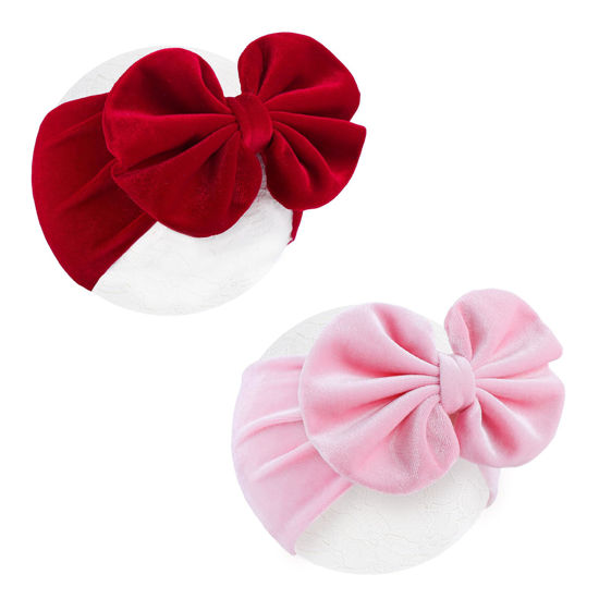 Picture of YanJie Hairband - Velvet Bows for Baby Girls, Soft Handmade Headbands, Ideal Gifts for Toddlers, Girls Infant, Kids, 2 Pack - Red, Pink
