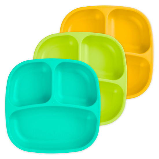 Picture of Re-Play Made in USA 7" Deep Walled Divided Plates for Kids, Set of 3 - Reusable 3 Compartment Plates, Dishwasher and Microwave Safe - 7.37" x 7.37" x 1.25", Aqua Asst