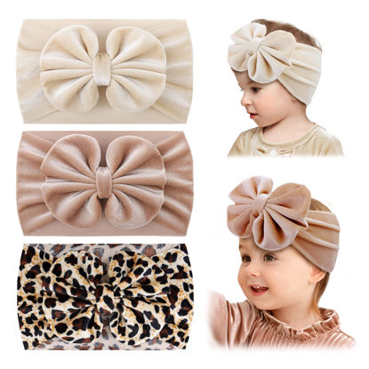 Picture of YanJie Baby Girl Headbands with Bows, Soft Elastics Handmade Velvet Hairbands and Accessories for Infant Toddlers Kids in Khaki, Beige, Leopard
