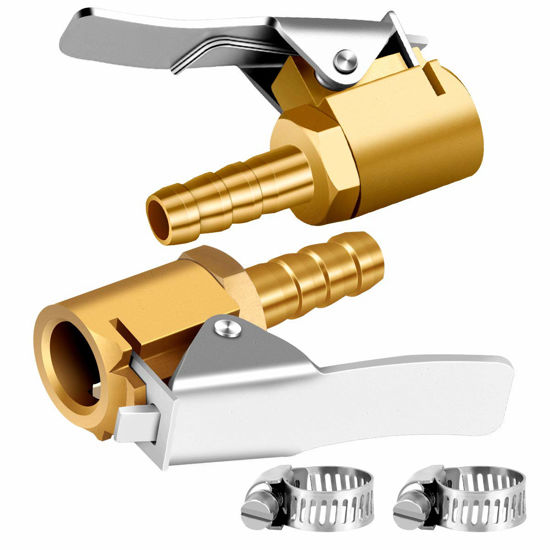 Picture of LUMITECO 1/4" Brass tire inflator Lock on air Chuck,Mini air Compressor Portable tire inflator tire Chuck Hose end with Barb Connector for Hose repair-2Pack