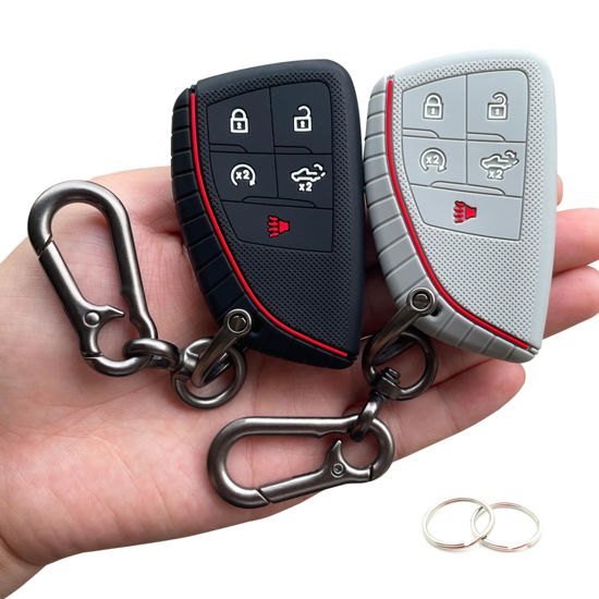 Picture of TANDRIVE Key Fob Cover for 2022 2023 2024 2025 Chevy Silverado 1500 GMC Sierra 1500, 2024 2025 Silverado Sierra 2500HD 3500HD, Silicone, 2-Pack, Black Grey