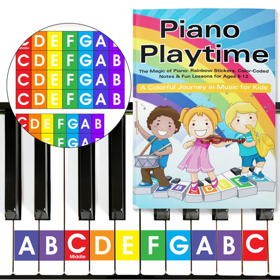 Picture of QMG Rainbow Color Piano and Keyboard Sticker and Kids Piano Learning Book Easy to Follow Instructions for Kids, Beginner Piano Book for Children, Easy Piano Sheet Music for Kids