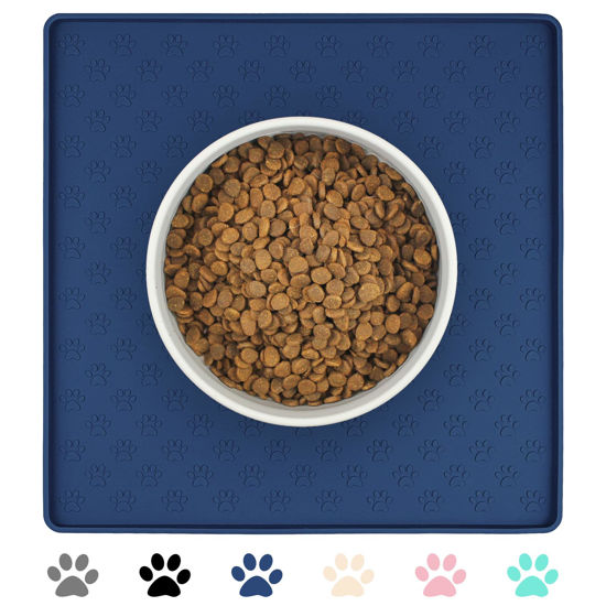Picture of Ptlom Pet Placemat for Dog and Cat, Waterproof Non-Slip Silicone Feeding Bowl Mat Prevent Food and Water Overflow, Puppy Dish Feeder Fountain Trays Suitable for Medium and Small Pets, Navy Blue