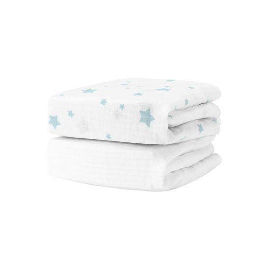 Picture of Newton Baby Organic Fitted Crib Sheets (2-Pack) - 100% Breathable and Ultra-Soft, 100% Organic Muslin Cotton, Stardust in Moonstone Mist & Solid White, Fits Standard Cribs