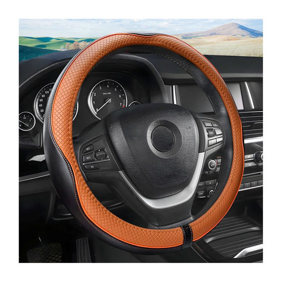 Picture of Leather Car Steering Wheel Cover, Car Wheel Cover Protector Soft Breathable Anti Slip, Steering Wheel Covers for Women Men, Universal Fit 15 Inch Car, Truck, SUV (Black/Orange)