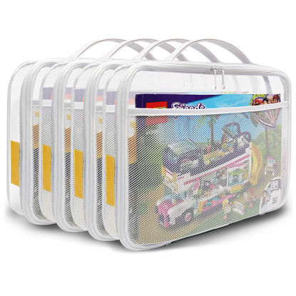 Picture of holay 4 Packs PVC Zippered Blocks Set, Toy, Clay, Board game Storage Organizer Case (Name Tag, Manual Pocket) (White, Large)