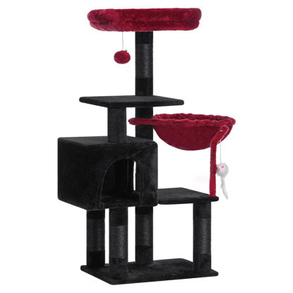 Picture of Heybly Cat Tree with Toy, Cat Tower condo for Indoor Cats, Cat House with Padded Plush Perch, Cozy Hammock and Sisal Scratching Posts, Black and Red HCT004SBR