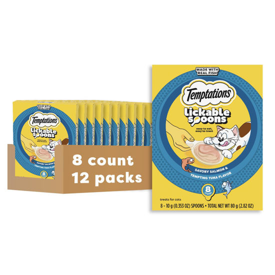 Picture of Temptations Lickable Spoons Adult Wet Cat Treat, Savory Salmon and Tempting Tuna Flavor, 10 Grams, Pack of 12 (96 Total Spoons)