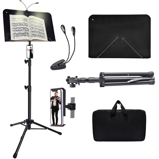 Picture of Sheet Music Stand with Light and Phone Holder, 57" Portable Music Stand for Sheet Music High Stability, Height Adjustable Music Stands with Carrying Bag(33-57inch, Plate without hole)