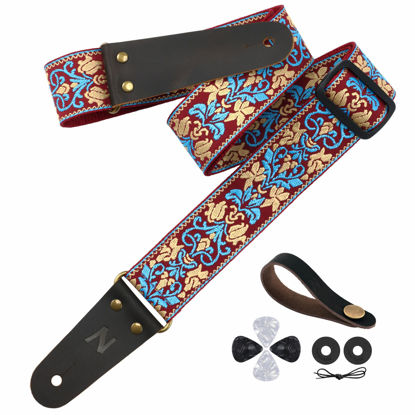 Picture of Nefelibata Guitar Strap, 2" Jacquard Embroidery Guitar Straps, Full Grain Leather Ends with Hidden Pocket, for Bass, Electric and Acoustic Guitars, Strap Button, Strap Locks and Guitar Picks