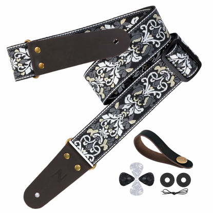 Picture of Nefelibata Guitar Strap, 2" Jacquard Embroidery Guitar Straps, Full Grain Leather Ends with Hidden Pocket, for Bass, Electric and Acoustic Guitars, Free Buckle, Strap Lock and Guitar Picks