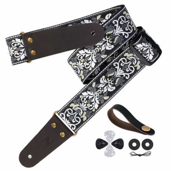 Picture of Nefelibata Guitar Strap, 2" Jacquard Embroidery Guitar Straps, Full Grain Leather Ends with Hidden Pocket, for Bass, Electric and Acoustic Guitars, Free Buckle, Strap Lock and Guitar Picks