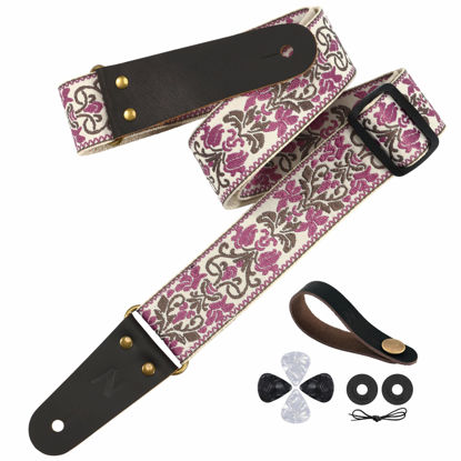 Picture of Nefelibata Guitar Strap, 2" Jacquard Embroidery Guitar Straps, Full Grain Leather Ends with Hidden Pocket, for Bass, Electric and Acoustic Guitars, Strap Button, Strap Locks and Guitar Picks
