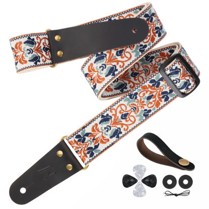Picture of Nefelibata Guitar Strap, 2" Jacquard Embroidery Guitar Straps, Full Grain Leather Ends with Invisible Pocket, for Bass, Electric and Acoustic Guitars, Free Buckle, Strap Lock and Guitar Picks