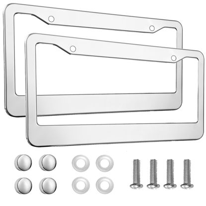 Picture of 2PCS Chrome License Plate Frame, 2 Holes Silver Stainless Steel License Plate Frames, Universal Car License Plate Holder for Man, Licence Plate Frame and Screws, by Lengnoyp