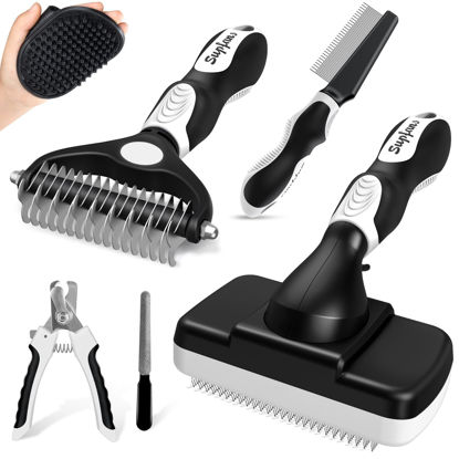 Picture of Augwind 6 in 1 Pet Grooming Kit I Dog&Cat Comb I Dog/Cat Brush for Shedding I Deshedding Dog Brush I Dog/Cat Nail Clipper with Nail File I Pet Bath Brush I Premium Pet Supplies (Black White)