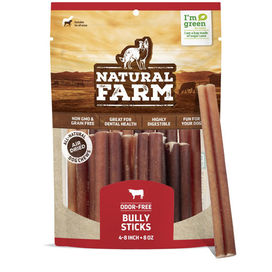 Picture of Natural Farm Odor-Free Bully Sticks (4-8”, 8oz) All-Natural Long-Lasting Chews, 100% Beef Pizzle, Grass-Fed, Grain-Free, Hormone-Free, Protein for Muscle Development & Energy, Perfect for Medium Dogs
