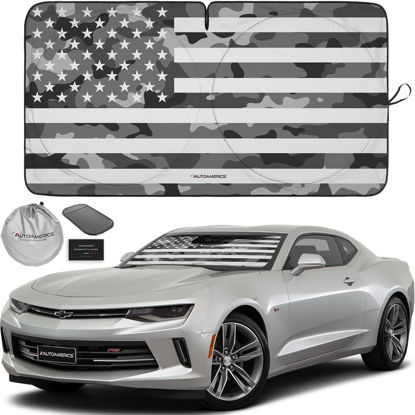 Picture of Autoamerics 1-Piece Windshield Sun Shade Gray Camo American Flag USA Design - Foldable Car Front Window Sunshade for Most Sedans SUV Truck - Blocks Max UV Rays and Keeps Your Vehicle Cool - Small