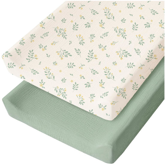 Picture of Konssy 2 Pack Muslin Changing Pad Cover for Baby Girls Boys 100% Cotton Fitted Diaper Changing Table Cover Set, Soft Changing Pad Sheets (Leafy,Green)