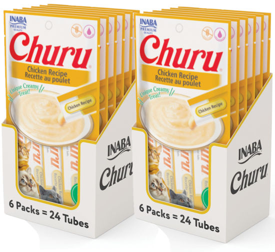 Picture of INABA Churu Cat Treats, Grain-Free, Lickable, Squeezable Creamy Purée Cat Treat/Topper with Vitamin E & Taurine, 0.5 Ounces Each Tube, 48 Tubes (4 per Pack), Chicken Recipe