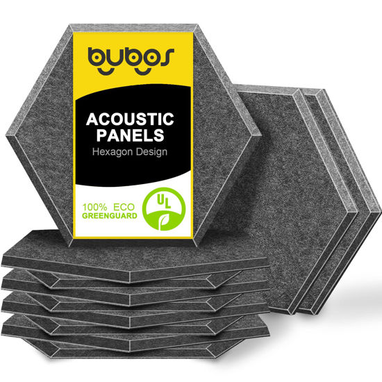 Picture of BUBOS 12 Pack Hexagon Acoustic Panels Soundproof Wall Panels,14 X 13 X 0.4Inches Sound Absorbing Panels Acoustical Wall Panels, Acoustic Treatment for Recording Studio, Office, Home,Dark Grey
