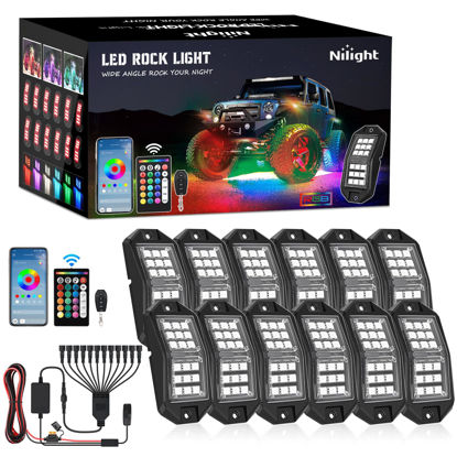 Picture of Nilight RGB LED Rock Lights Kit 12 PCS 18LED Wide Angle Wheel Well Light with Remote & Bluetooth App Dual Control Multi Modes Underglow Multicolor Neon Light Pod for ATV UTV SUV Offroad Truck RZR Boat