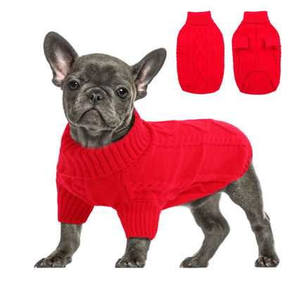 Picture of Queenmore Small Dog Pullover Sweater, Cold Weather Cable Knitwear, Classic Turtleneck Thick Warm Clothes for Chihuahua, Bulldog, Dachshund, Pug (Red, X-Large)