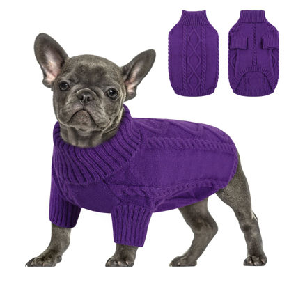 Picture of Queenmore Small Dog Pullover Sweater, Cold Weather Cable Knitwear, Classic Turtleneck Thick Warm Clothes for Chihuahua, Bulldog, Dachshund, Pug (Purple, Medium)