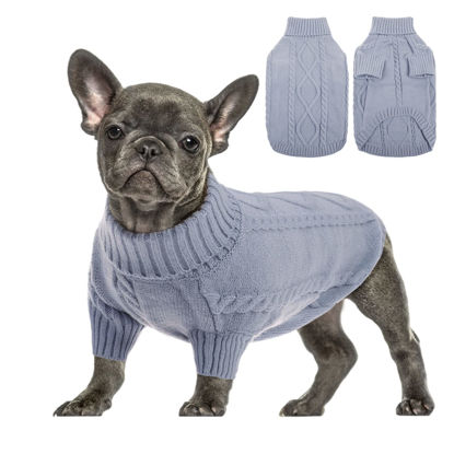 Picture of Queenmore Small Dog Pullover Sweater, Cold Weather Cable Knitwear, Classic Turtleneck Thick Warm Clothes for Chihuahua, Bulldog, Dachshund, Pug, Yorkie (Grey, X-Large)
