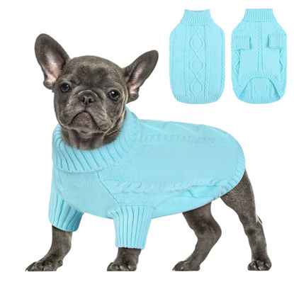 Picture of Queenmore Small Dog Pullover Sweater, Cold Weather Cable Knitwear, Classic Turtleneck Thick Warm Clothes for Chihuahua, Bulldog, Dachshund, Pug (Sky Blue, X-Large)
