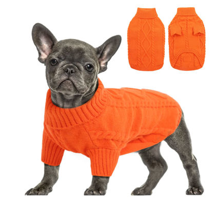 Picture of Queenmore Small Dog Pullover Sweater, Cold Weather Cable Knitwear, Classic Turtleneck Thick Warm Clothes for Chihuahua, Bulldog, Dachshund, Pug (Orange, Large)