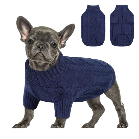Picture of Queenmore Small Dog Pullover Sweater, Cold Weather Cable Knitwear, Classic Turtleneck Thick Warm Clothes for Chihuahua, Bulldog, Dachshund, Pug (Dark Navy, Large)