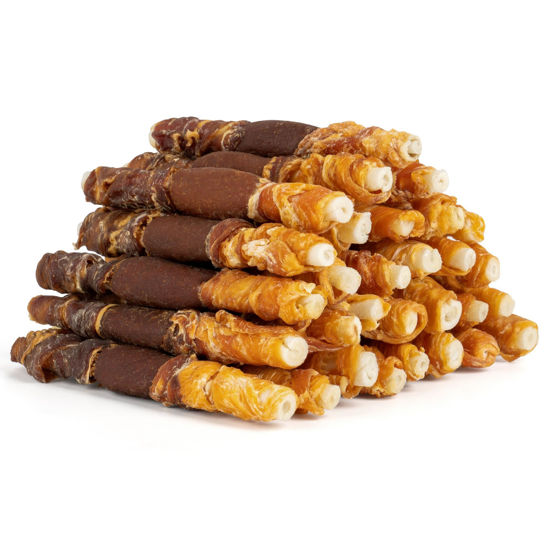 Picture of MON2SUN Dog Treats, Triple Flavor 5 Inch Chicken Liver Duck and Chicken Wrapped Rawhide Snacks for Small and Medium Dogs, 21.16 Oz (30 Count-Pack of 1)