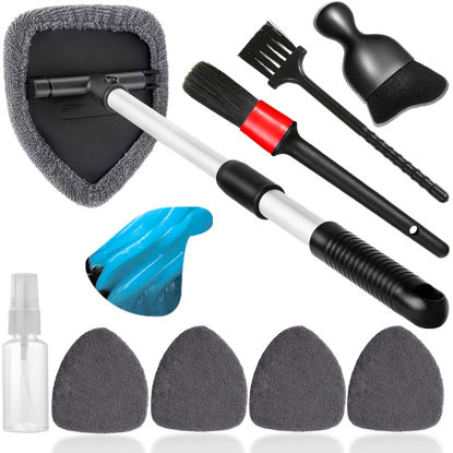 Picture of Qydipclin 10pcs Windshield Cleaner Tool, Car Window Cleaning Wash Kit with 4 Reusable Microfiber Pads 1 Spray Bottle and Extendable Handle Auto Glass Wiper Kit, Gray