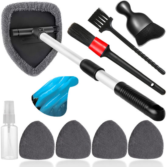 Picture of Qydipclin 10pcs Windshield Cleaner Tool, Car Window Cleaning Wash Kit with 4 Reusable Microfiber Pads 1 Spray Bottle and Extendable Handle Auto Glass Wiper Kit, Gray