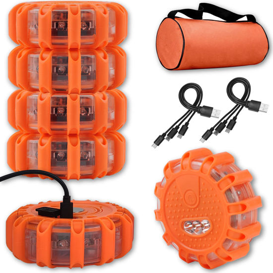 Picture of Ecoangel USB Rechargeable LED Road Flares Emergency Lights-Roadside Warning Car Safety Beacon Flashing Disc Flare Kit with Magnetic Base for Vehicles & Boat | 6 Beacon Disc Pack
