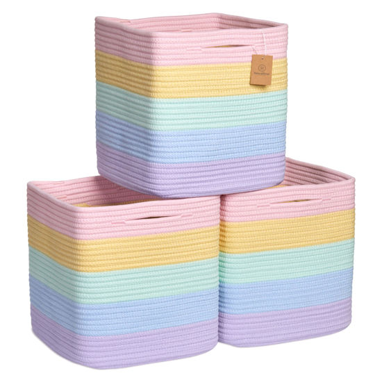 Picture of NaturalCozy Storage Cubes 11 Inch Cotton Rope Woven Baskets for Organizing, 3-Pack | Cube Storage Bin | Square Storage Baskets for Shelves Organizer, Classroom, Kids Toy Bins, Closet, Baby Nursery