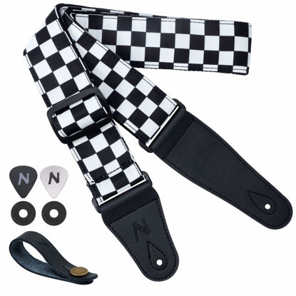 Picture of Nefelibata Guitar Strap-2" Wide Double Layer Cotton Original Design Adjustable Guitar Straps with Long Leather Ends for Bass, Electric & Acoustic, Best Gifts for Kids,Guitarists (White Grid)