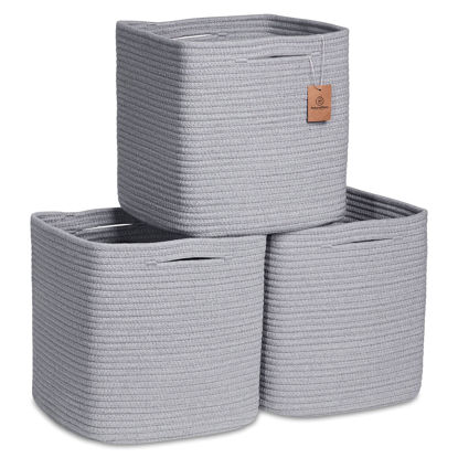 Picture of NaturalCozy Storage Cubes 11 Inch Cotton Rope Woven Baskets for Organizing, 3-Pack | Cube Storage Bin | Square Storage Baskets for Shelves Organizer, Classroom, Kids Toy Bins, Closet, Baby Nursery