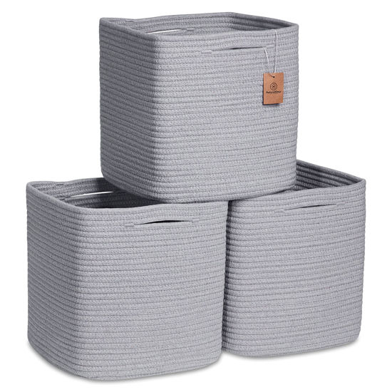 Picture of NaturalCozy Storage Cubes 11 Inch Cotton Rope Woven Baskets for Organizing, 3-Pack | Cube Storage Bin | Square Storage Baskets for Shelves Organizer, Classroom, Kids Toy Bins, Closet, Baby Nursery