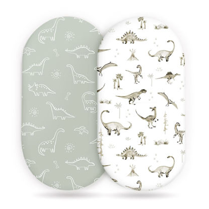 Picture of Stretch Ultra Soft Fitted Bassinet Sheet Set 2 Pack, Universal Fit for Bassinets Baby Cradle Moses Basket Oval Rectangle Mattress Safe and Snug, Dinosaur