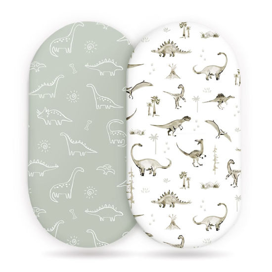 Picture of Stretch Ultra Soft Fitted Bassinet Sheet Set 2 Pack, Universal Fit for Bassinets Baby Cradle Moses Basket Oval Rectangle Mattress Safe and Snug, Dinosaur