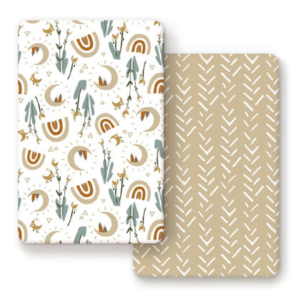 Picture of GRSSDER Stretchy Pack and Play Sheets, Ultra Soft Jersey Knit Fitted Pack n Play Sheets Set 2 Pack, Portable/Mini Cribs Sheets for Girls and Boys, Rainbow Pattern